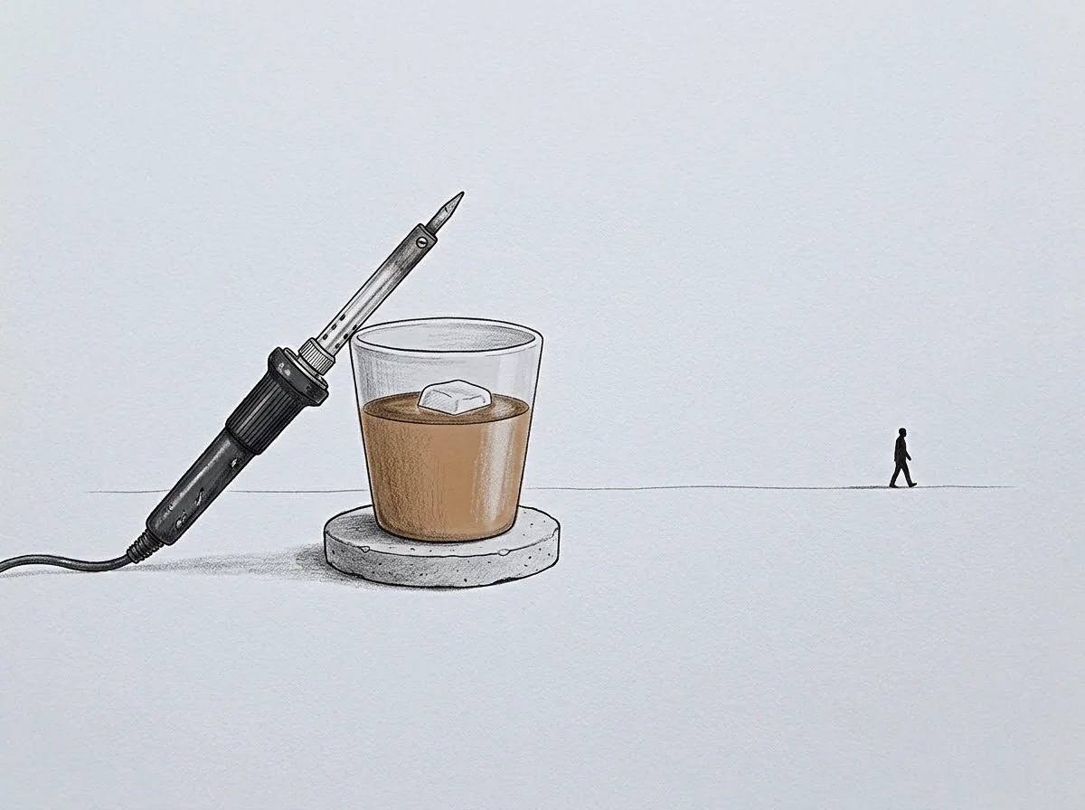 A soldering iron rests beside a glass of iced beverage as a lone figure walks toward the distant horizon line.