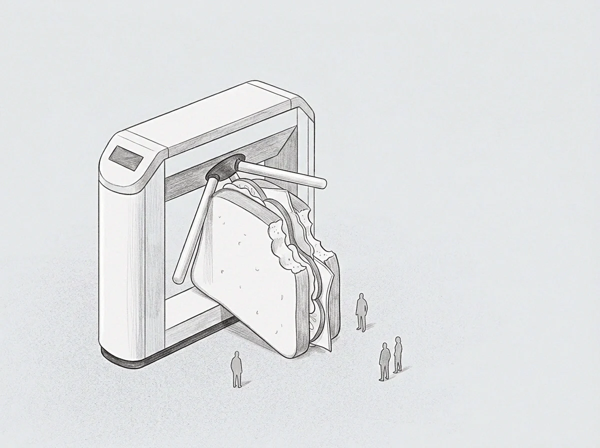 Graphite pencil strokes form a turnstile blocking an oversized sandwich as three tiny figures stand near the central mechanism in this drawing.