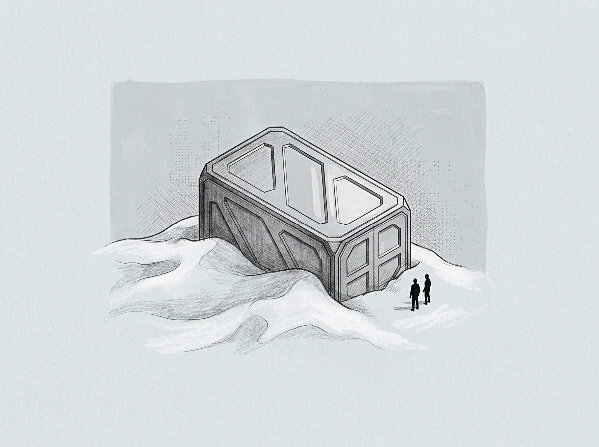 Two observers stand in this graphite drawing before a monolithic container buried in snow representing the accumulation of institutional knowledge after initial founding phases.