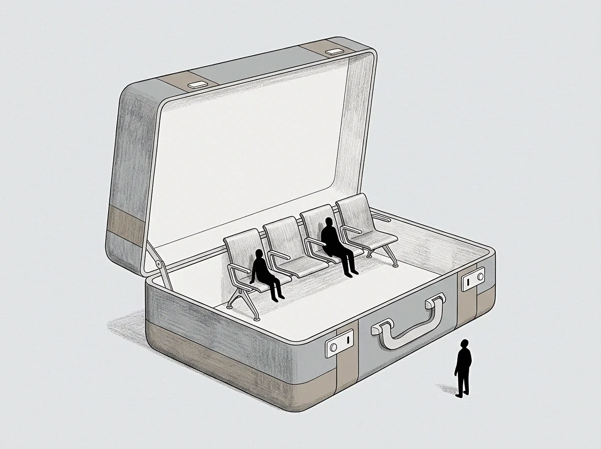 Four waiting seats rest inside an open suitcase as three silhouetted figures occupy interior and exterior stations during the governance transition.