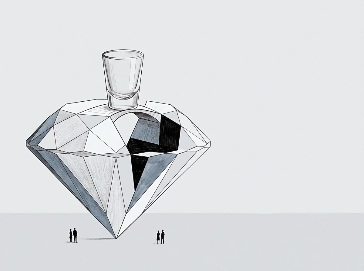 Miniature figures stand beside a monumental faceted crystal holding a glass atop its apex in this pencil drawing.