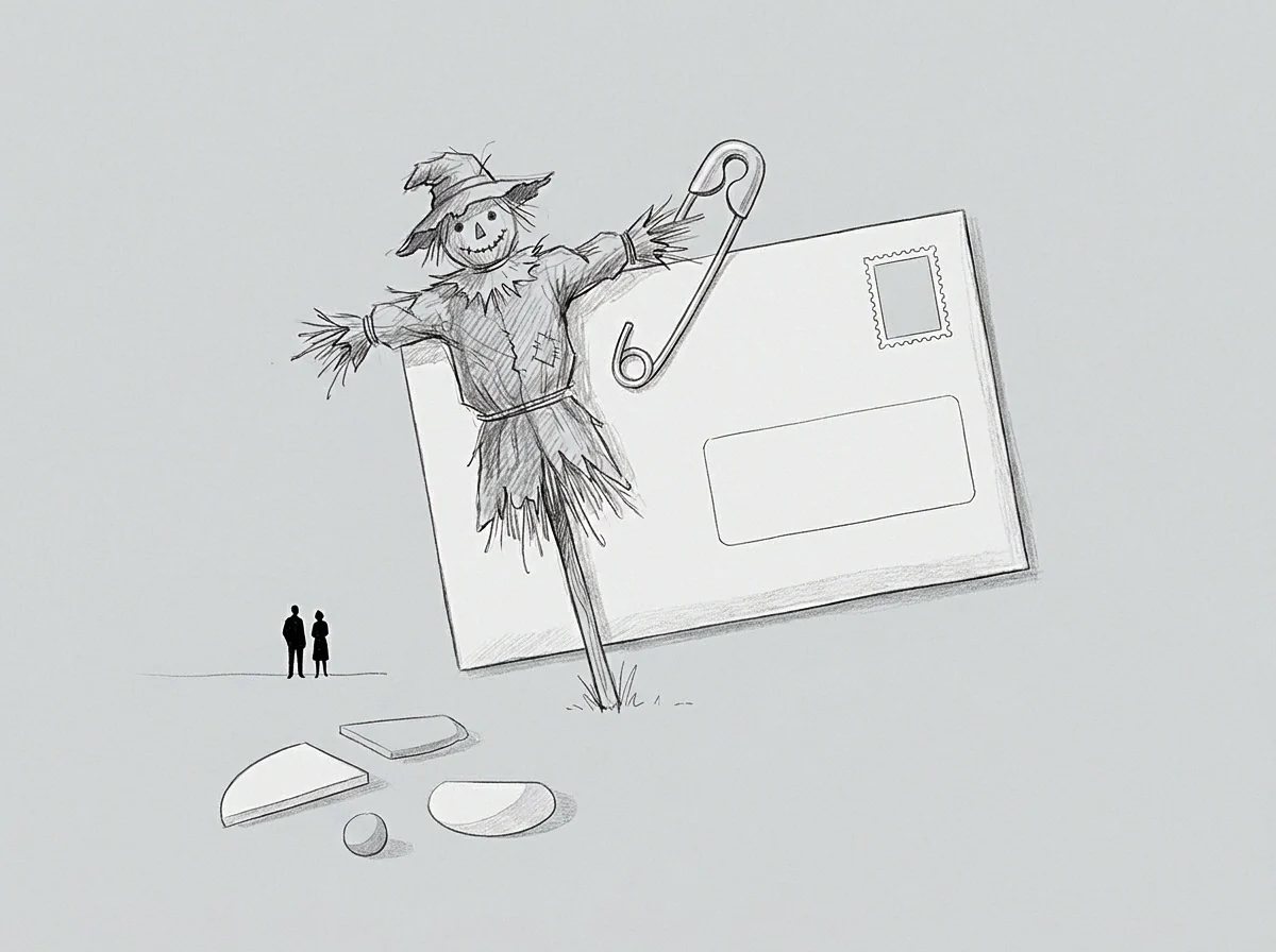 A drawing shows a straw figure impaled on a large envelope secured by a safety pin, with small figures and broken geometric shapes nearby.
