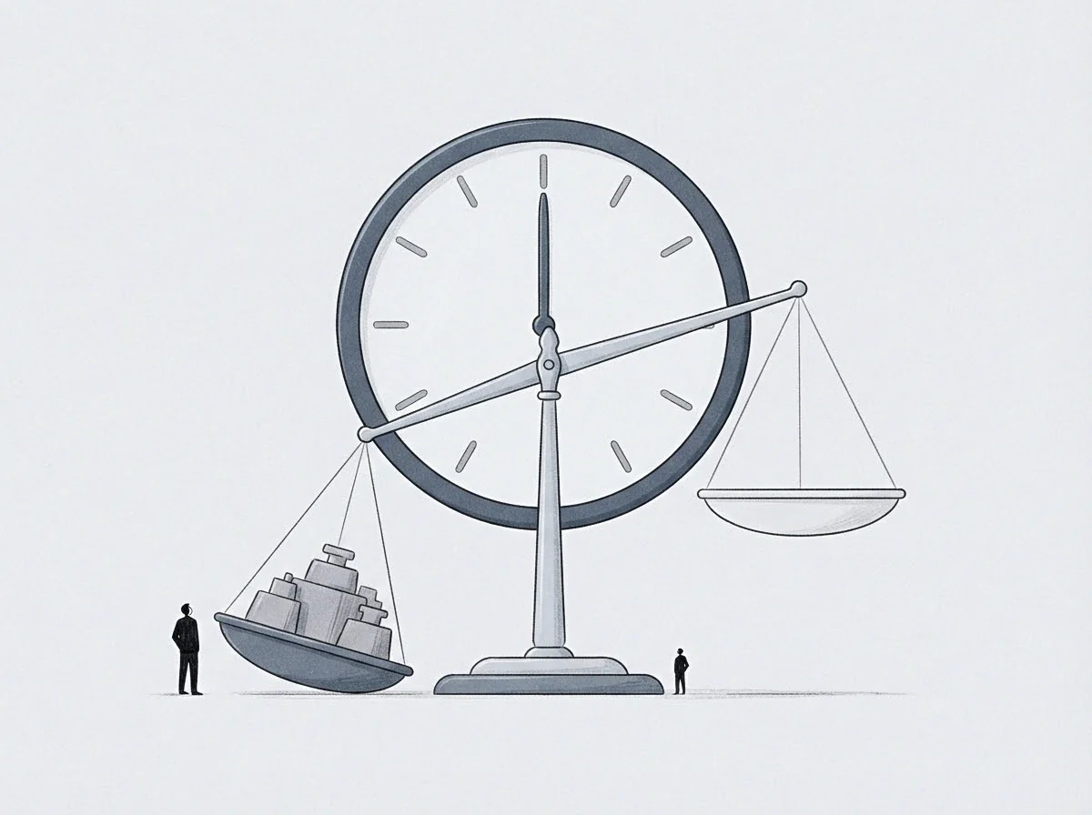 A graphite drawing features a mechanical scale intersecting a clock face while heavy weights rest beside two figures.