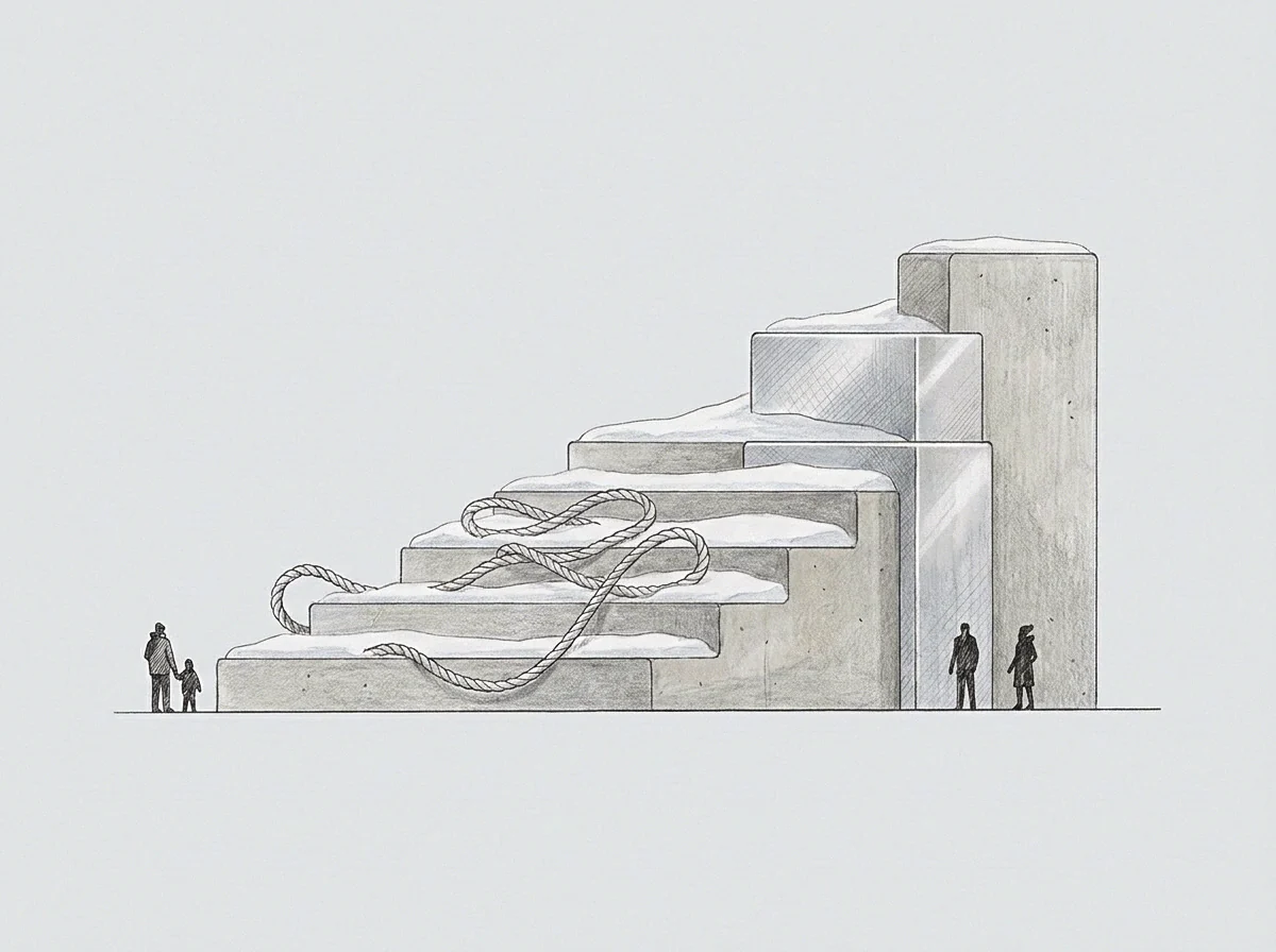 A drawing depicts concrete steps covered in snow with a complex rope, and small figures witnessing the structured process of measurement and record keeping.