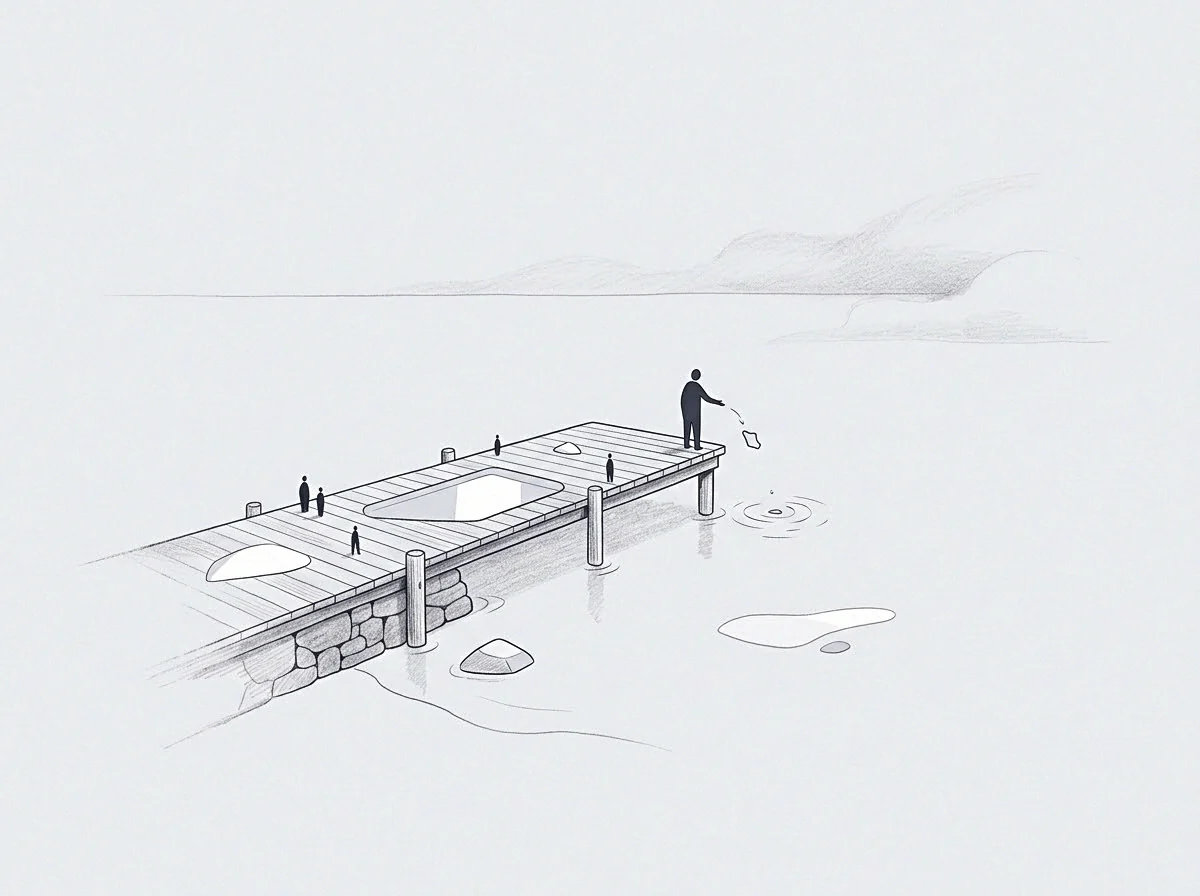 Small figures occupy the wooden pier in this drawing extending over a still surface while one individual casts an object to initiate a ripple.