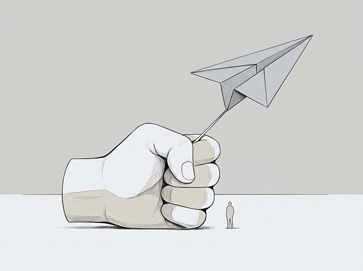 Graphite strokes create this drawing of a massive hand holding a paper plane above a small figure forming the foundational record within the institutional seat.